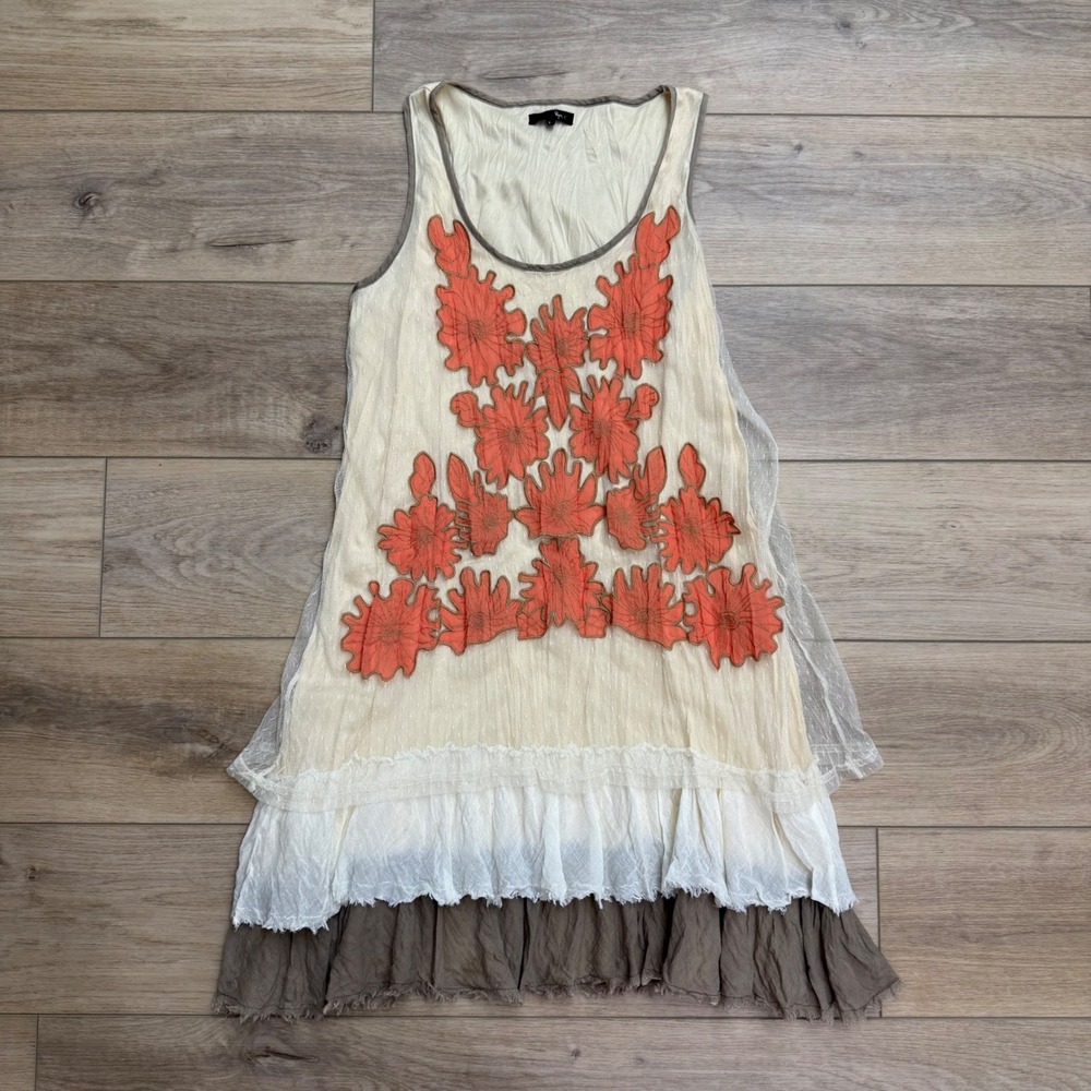 Ryu Womens Boho Floral Embroidered Layered‎ Ruffle Mesh Tank Dress Cream Large